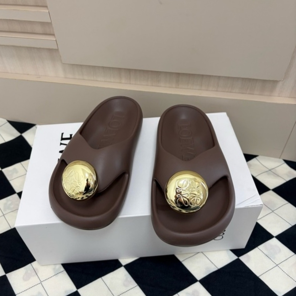 Designer-Style Brown Slide Sandals with Gold Medallion